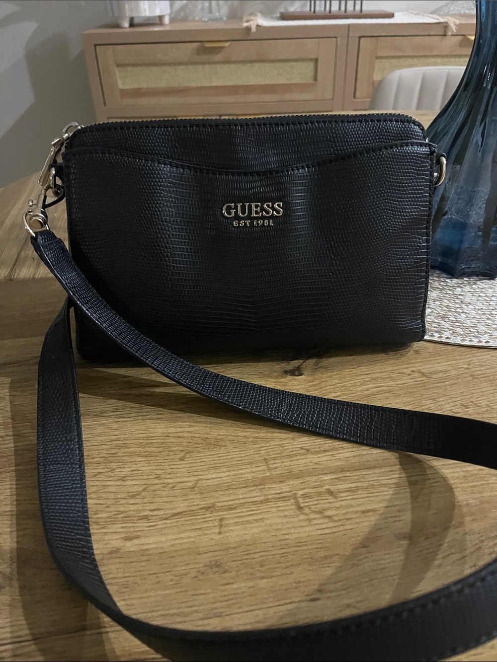 GUESS Black Textured Crossbody Bag with gold Logo